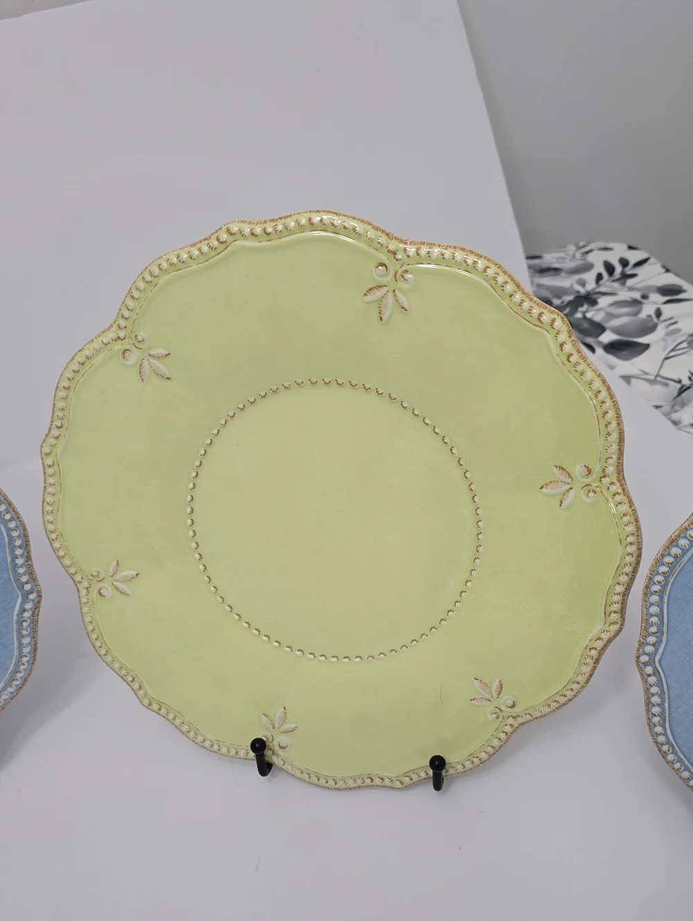 Lenox Set Of 4 French Perle Melamine Dinner Plates Blue Green Raised Beaded